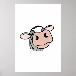 Poster vache de dessin animé noir blanc rose baiser gris