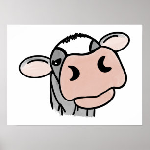 Poster vache de dessin animé noir blanc rose baiser gris