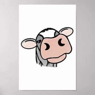 Poster vache de dessin animé noir blanc rose baiser gris