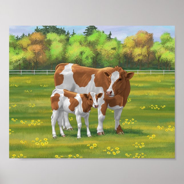 Poster Vache de Guernesey et veau mignon dans les pâturag (Devant)
