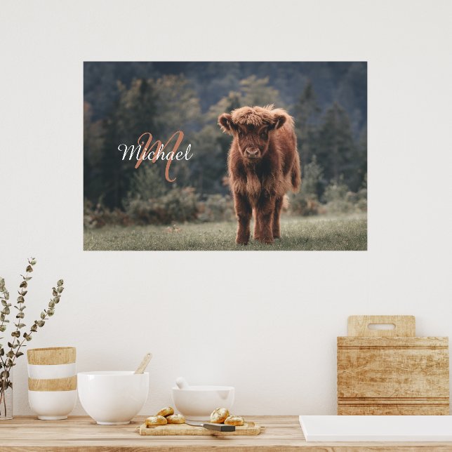 Poster Vache de Highland calvaire herbe d'automne monogra (Cuisine)