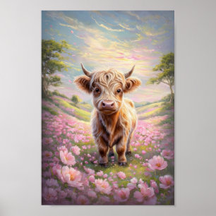 Poster Vache des Highlands entourée de fleurs roses tendr