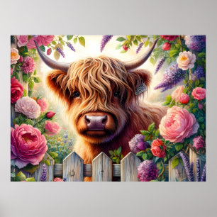 Poster Vache des Highlands et roses roses
