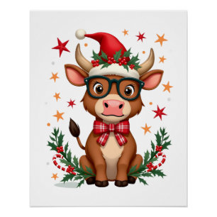 Poster Vache des Highlands mignonne Chapeau de Père Noël 