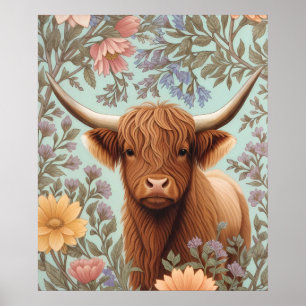 Poster Vache des Highlands Pastel Floral Inspiré de Willi