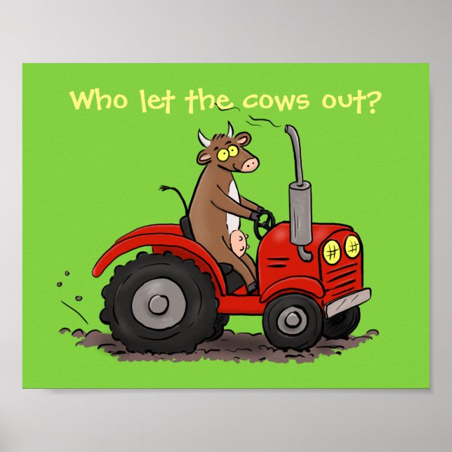 Poster Vache drôle sur dessin de tracteur rouge (Devant)