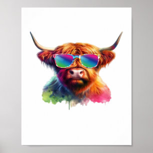 Poster Vache écossaise Highland en lunettes de soleil Eau