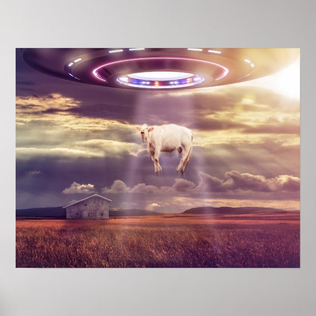 Poster Vache enlevée par des Aliens Imaginaire Art (Devant)