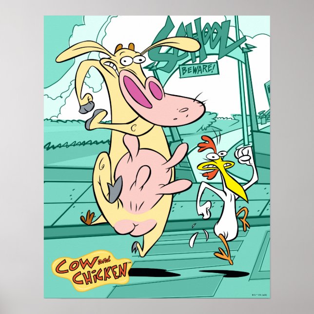 Poster Vache et poulet à courir graphique (Devant)