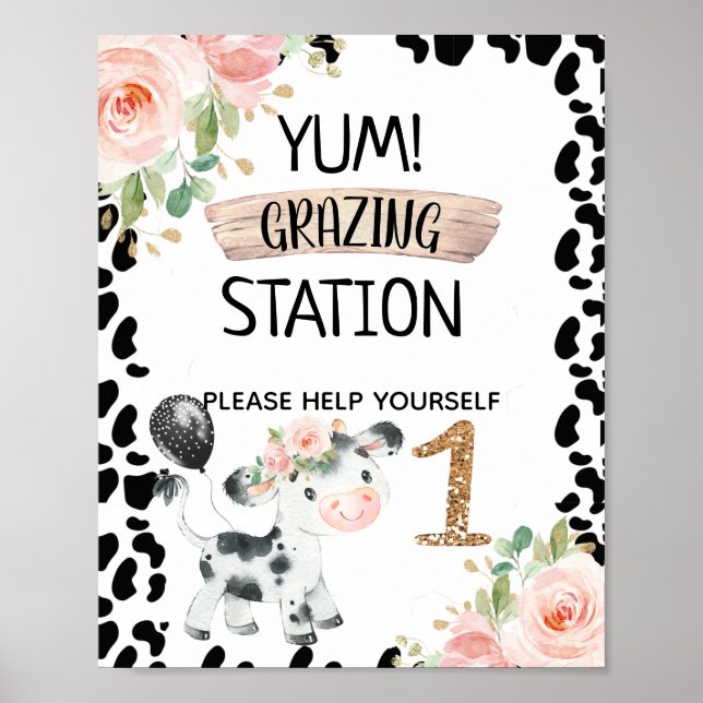 Poster Vache florale rose avec vache Imprimer Signal fête (Devant)