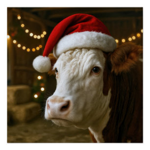 Poster Vache Hereford de Noël portant un chapeau de Père