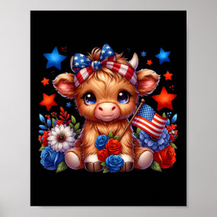 Poster Vache Highland 4 Juillet Floral Usa Vache Patrioti