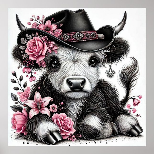 Poster Vache Highland avec Casquette Floral (Devant)