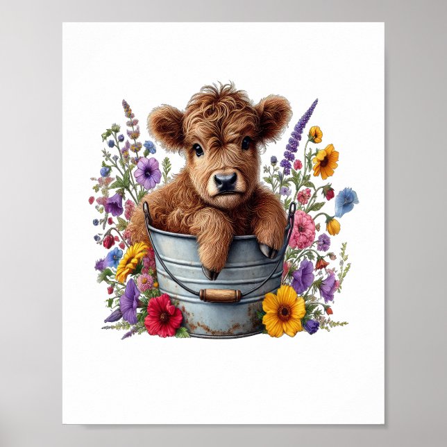 Poster Vache Highland dans le seau à fleurs, mignonne (Devant)