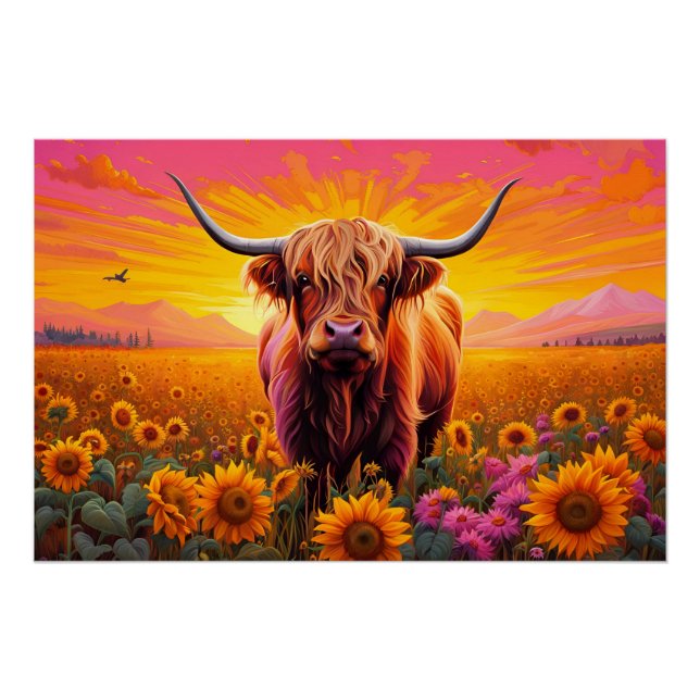 Poster Vache Highland dans les tournesols à Sunrise (Devant)