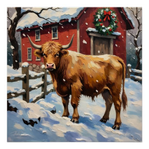Poster Vache Highland vintage à la grange de Noël enneigé