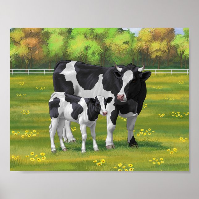 Poster Vache Holstein et veau mignon en pâturage d'été (Devant)
