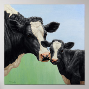 Poster Vache Holstein noire et veau mignon