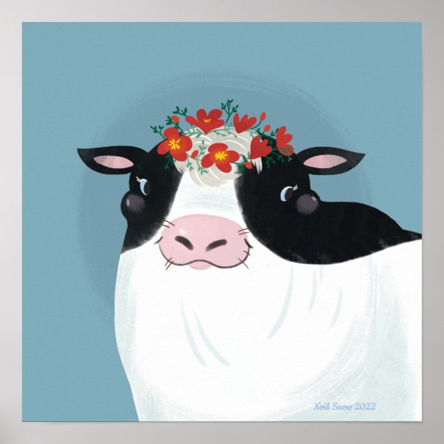Poster Vache laitière et couronne de fleurs rouges (Devant)