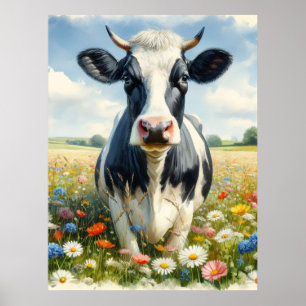 Poster Vache laitière fleur sauvage Holstein