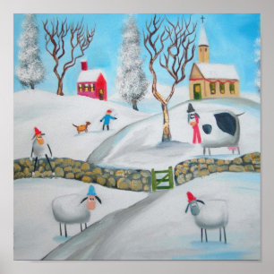 Poster vache mouton hiver neige scène naïve folk art