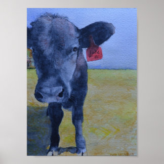 Poster Vache noire avec étiquette oreille rouge
