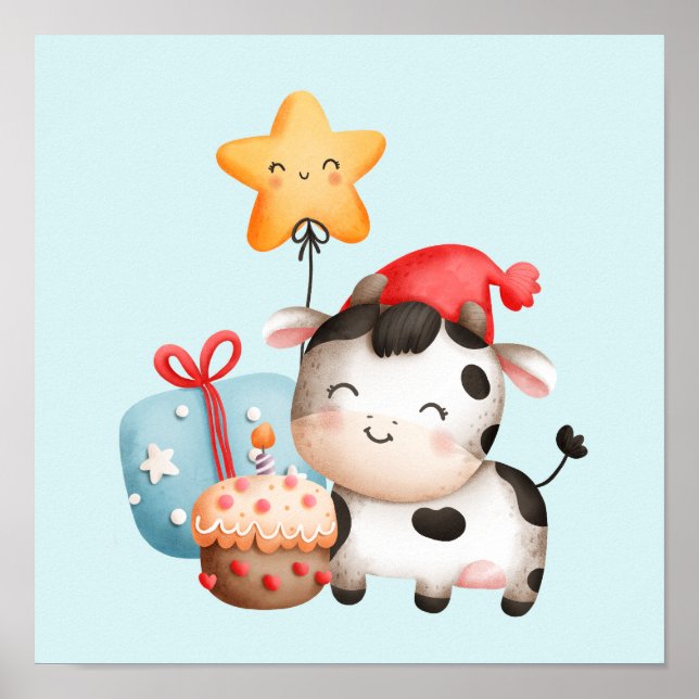 Poster Vache souriante mignonne adorable Anniversaire (Devant)