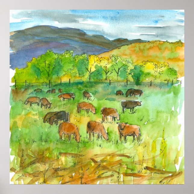 Poster Vaches dans le pâturage ferme animal aquarelle pei (Devant)