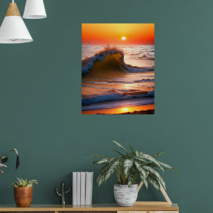 Poster Vagues dans l'océan avec coucher de soleil