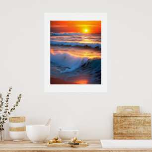 Poster Vagues dans l'océan avec coucher de soleil