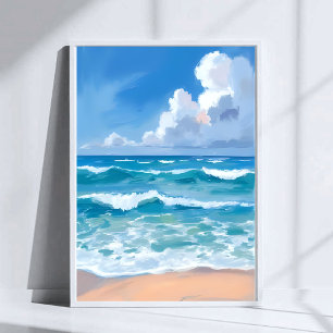 Poster Vagues de l'océan bleu   Aquarelle de mer de plage