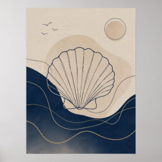 Poster Vagues de l'océan bleu profond et coquillages côti