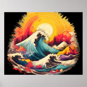 Poster Vagues déferlantes sous un coucher de soleil doré