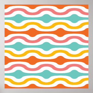 Poster Vagues géométriques rétro orange rose turquoise ja