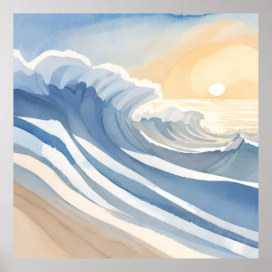 Poster Vagues océaniques   Aquarelle bleue