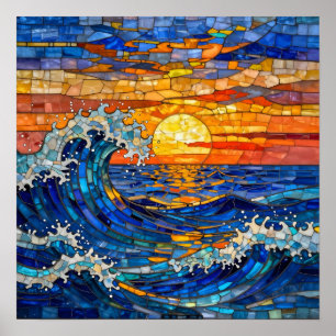 Poster Vagues océaniques côtières Coucher de soleil