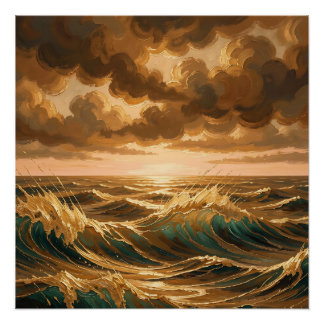 Poster Vagues océaniques dorées dramatiques