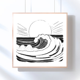 Poster Vagues océaniques minimalistes noir et blanc