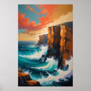 Poster Vagues océaniques se brisant contre l'art côtier d
