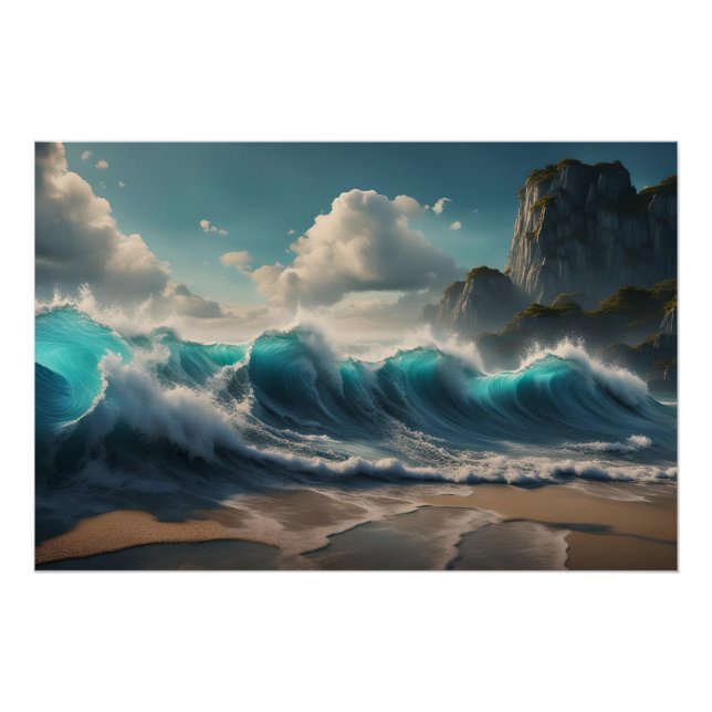 Poster Vagues Océaniques Sur Une Plage (Devant)