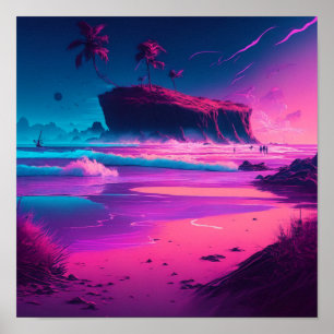 Poster Vagues tropicales roses et violettes et palmiers