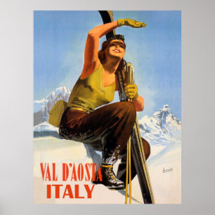 Poster Val d'Aoste, Italie. Femme de ski. Vacances hivern