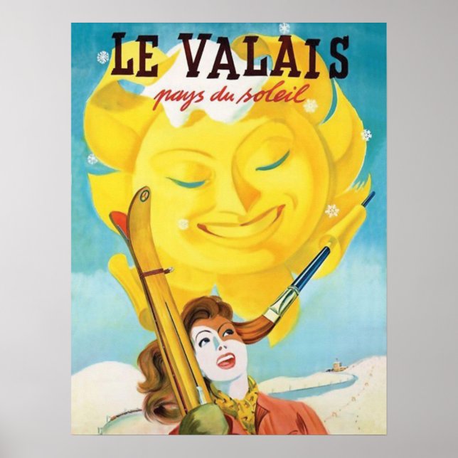 Poster Valais, Femme avec ski sous soleil (Devant)
