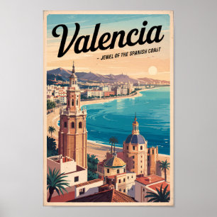 Poster Valence Espagne Côte Illustration Voyage Art Retro