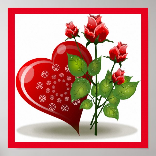 POSTER VALENTINE COEUR ROUGE ET ROSES ROUGES (Devant)
