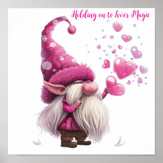 Poster Valentine Gnome avec ballons de coeur rose