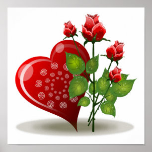 POSTER VALENTINE ROUGE COEUR ET ROSES ROUGES