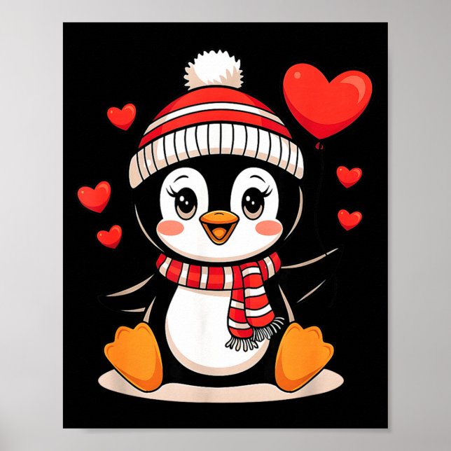 Poster Valentine's Day Penguin Heart Balloon Cute  (Devant)