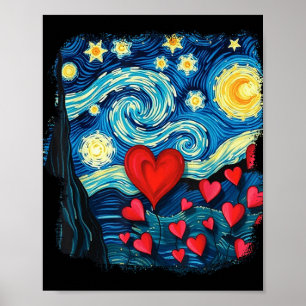 Poster Valentines Starry Nuit Van Gogh Love Coeurs Flowe
