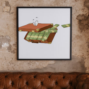 Poster Valise caricature pleine d'argent en espèces